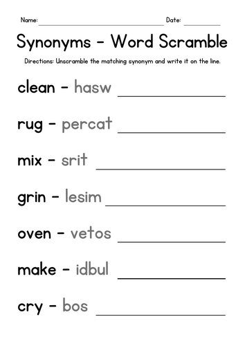 Synonyms Word Scramble Worksheets