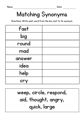 Matching Synonyms Worksheets