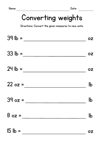 Converting Weights (ounces and pounds) - Measurement Worksheets