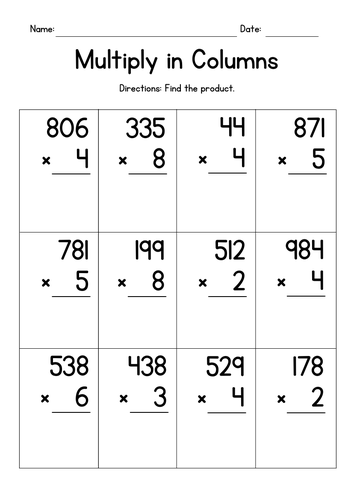 Multiplying in Columns (3-Digit by 1-Digit) | Teaching Resources