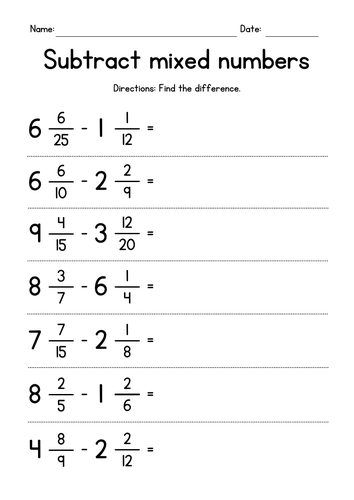 Subtracting Mixed Numbers (unlike denominators)