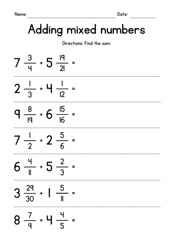 Adding Mixed Numbers Worksheets