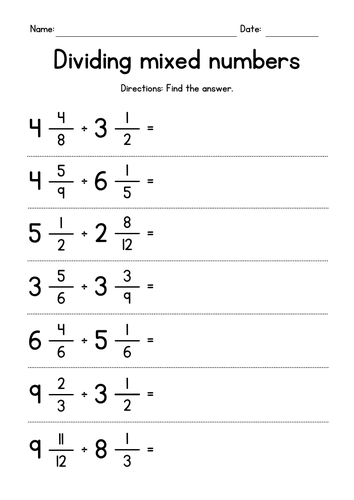 Dividing Mixed Numbers Worksheets