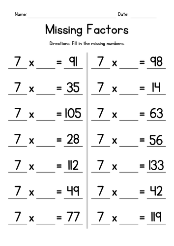 Multiplication Tables of 7 - Missing Factors