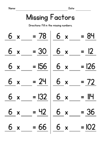 Multiplication Tables of 6 - Missing Factors