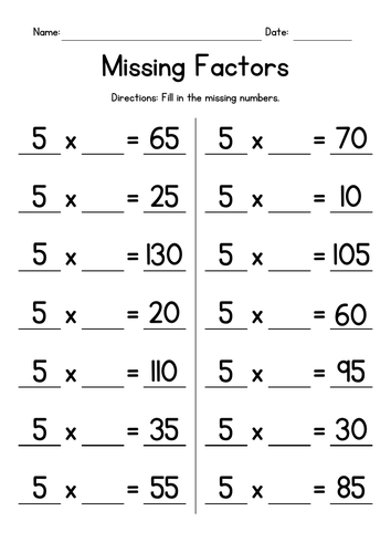 Multiplication Tables of 5 - Missing Factors