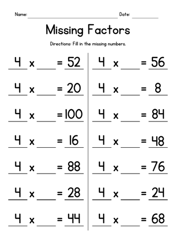 Multiplication Tables of 4 - Missing Factors