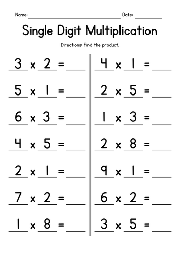 Single Digit Multiplication Worksheets Teaching Resources