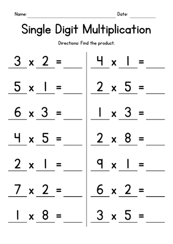 Single Digit Multiplication Worksheets