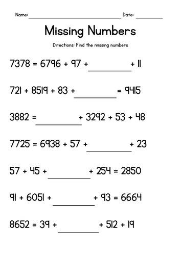 Addition Worksheets - Missing Numbers