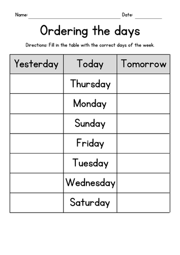 Days of the Week Yesterday and Tomorrow Worksheet / Worksheet