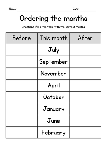 Months of the Year Worksheets