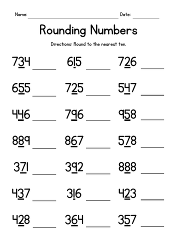 Round each number to the nearest ten Worksheet