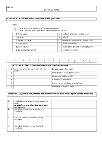 Booking and staying in a hotel worksheets -KS3/4/GCSE
