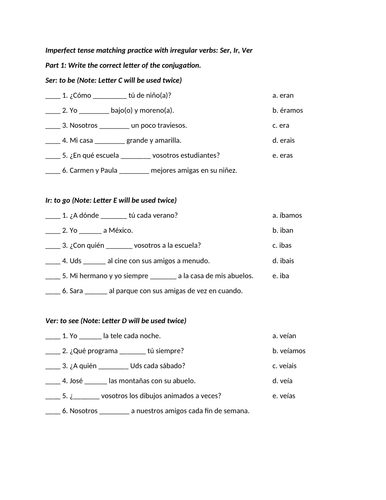 Imperfect tense ser ir ver matching practice and questions