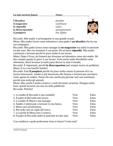 Italian Future Tense Verbs Reading - Lettura il Futuro / Italiano (Professions)