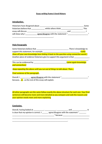 A level History essay writing frame for non source essays