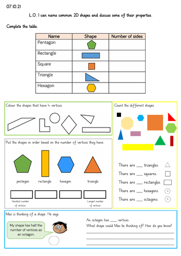 Name and Identify properties of 2D shapes. Year 2.