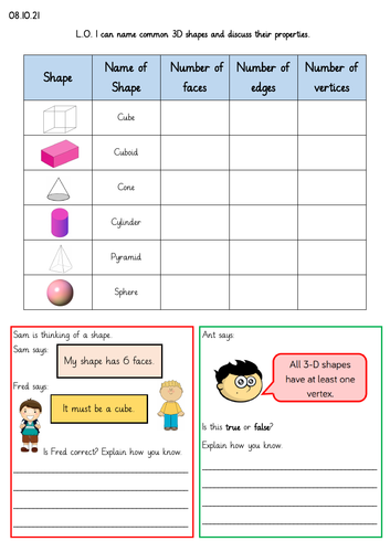 3D Shapes and their properties. Year 2 Worksheet