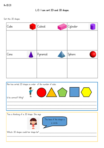 Sorting 2D and 3D shapes. Year 2 Worksheet