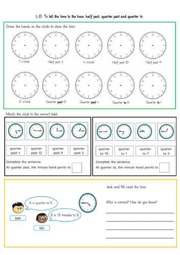 Telling the time to half past, quarter past and quarter to. Year 2.