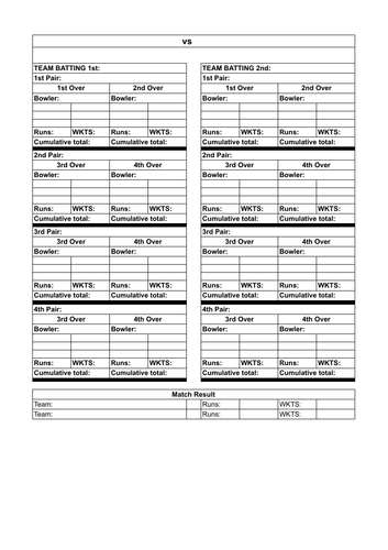 Pairs Cricket Scoring Card