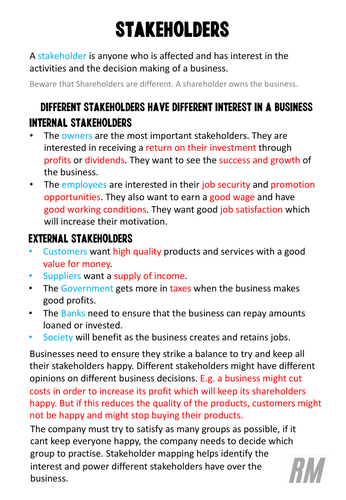 Stakeholders Business Revision Sheet