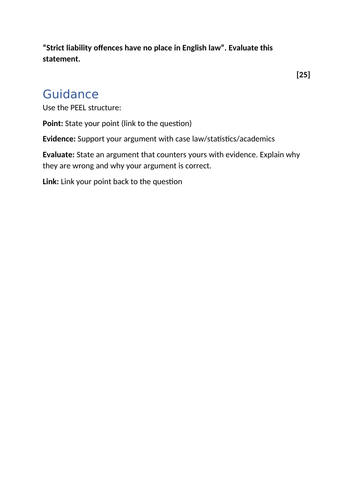 A-Level Law: Strict Liability Evaluation Essay + Model + Plan