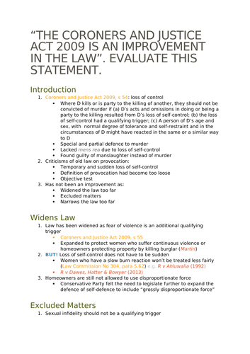A-Level Law: Voluntary Manslaughter Evaluation + Model + Plan