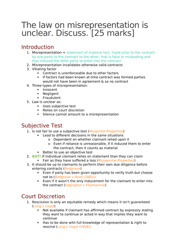 A-Level Law: Misrepresentation Evaluation Essay + Model + Plan