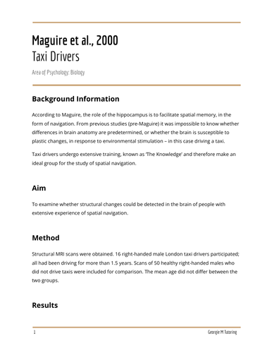 OCR/AQA Key Studies - Maguire et al (2000) Taxi Drivers Revision notes