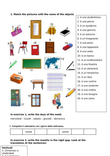 Days of the week, months and school equipment revision