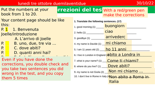Italian Test and solutions about numbers, greetings, verb in are