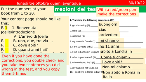 Italian Test and solutions about numbers, greetings, verb in are ...