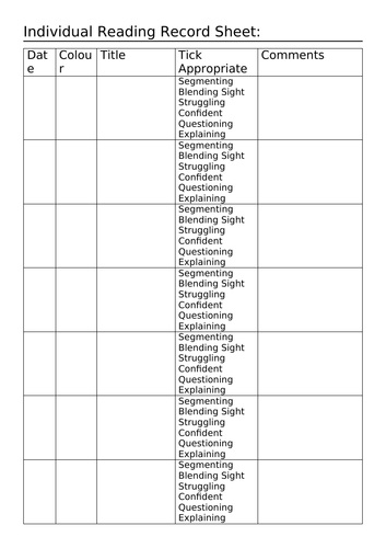 Individual reading record sheet