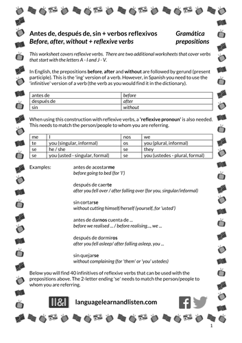 Spanish - Prepositions - Antes de, después de, sin + verbos reflexivos