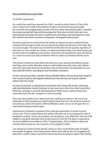 Persuasive letter Marcus Rashford