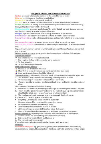GCSE CCEA RS Modern Warfare Revision Notes (Ethics)