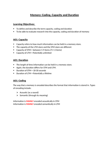 AQA A Lvl Memory handout/revision notes