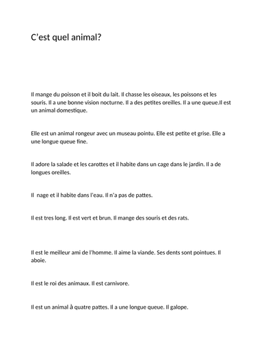 C'est quel animal? Worksheet for year 7 FRENCH | Teaching Resources