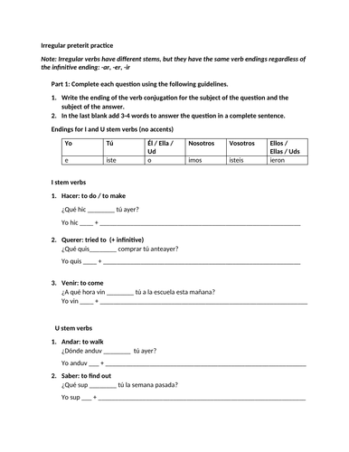 Irregular preterit questions and conjugation worksheet