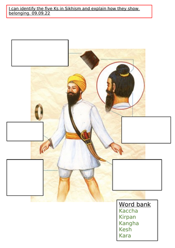 RE KS1 Sikhism 5 K's worksheet