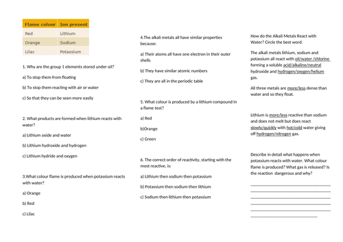 Alkali metals worksheet part 2 Teaching Resources