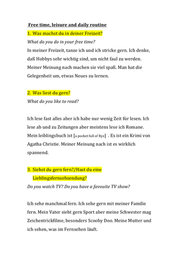 GCSE German Model Answers Freetime, leisure and daily routine