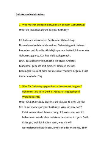 GCSE German Model Answers Culture and Celebrations CCEA