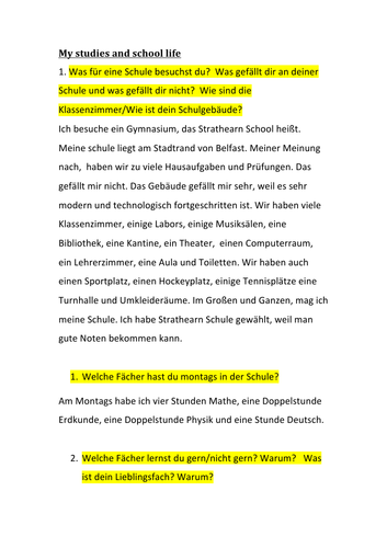 GCSE German Model Answers School life and studies CCEA