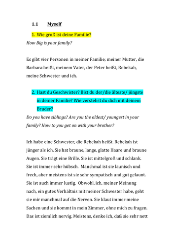 GCSE German Model Answers Myself and My family CCEA
