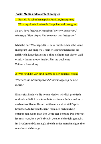 GCSE German Social Media and New Technologies Model Answers CCEA