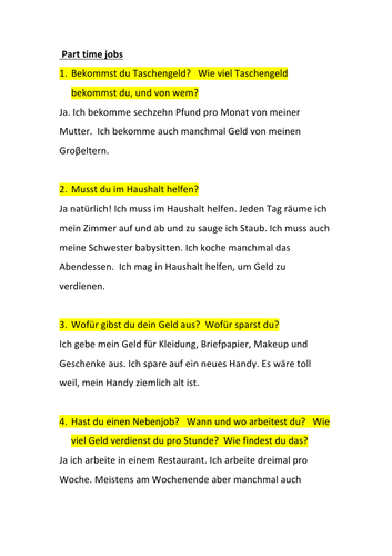 GCSE German Part-time Jobs Model Answers CCEA