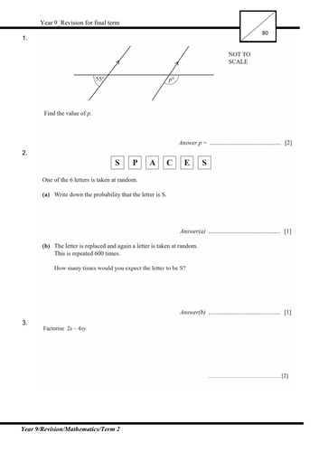 Revision 3- Exam style questions (KS3, Year 9, Mathematics with answer script)